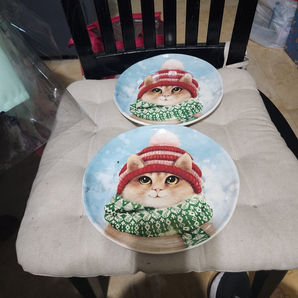 Set Of Two Pier 1 Christmas Cat Santas Hat Salad Plate 9" Used